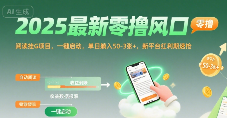 2025最新零撸风口，阅读挂G项目，一键启动，单日躺入 50-3张+，新平台红利期速抢【揭秘】-木木云网创