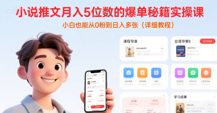 小说推文月入5位数的爆单秘籍实操课，，小白也能从0粉到日入多张(详细教程)-木木云网创