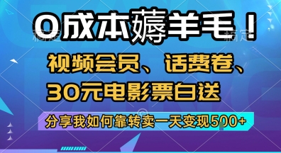 0成本薅羊毛!视频会员、话费卷、30元电影票白送,分享我如何靠转卖一天变现5张+【揭秘】-木木云网创